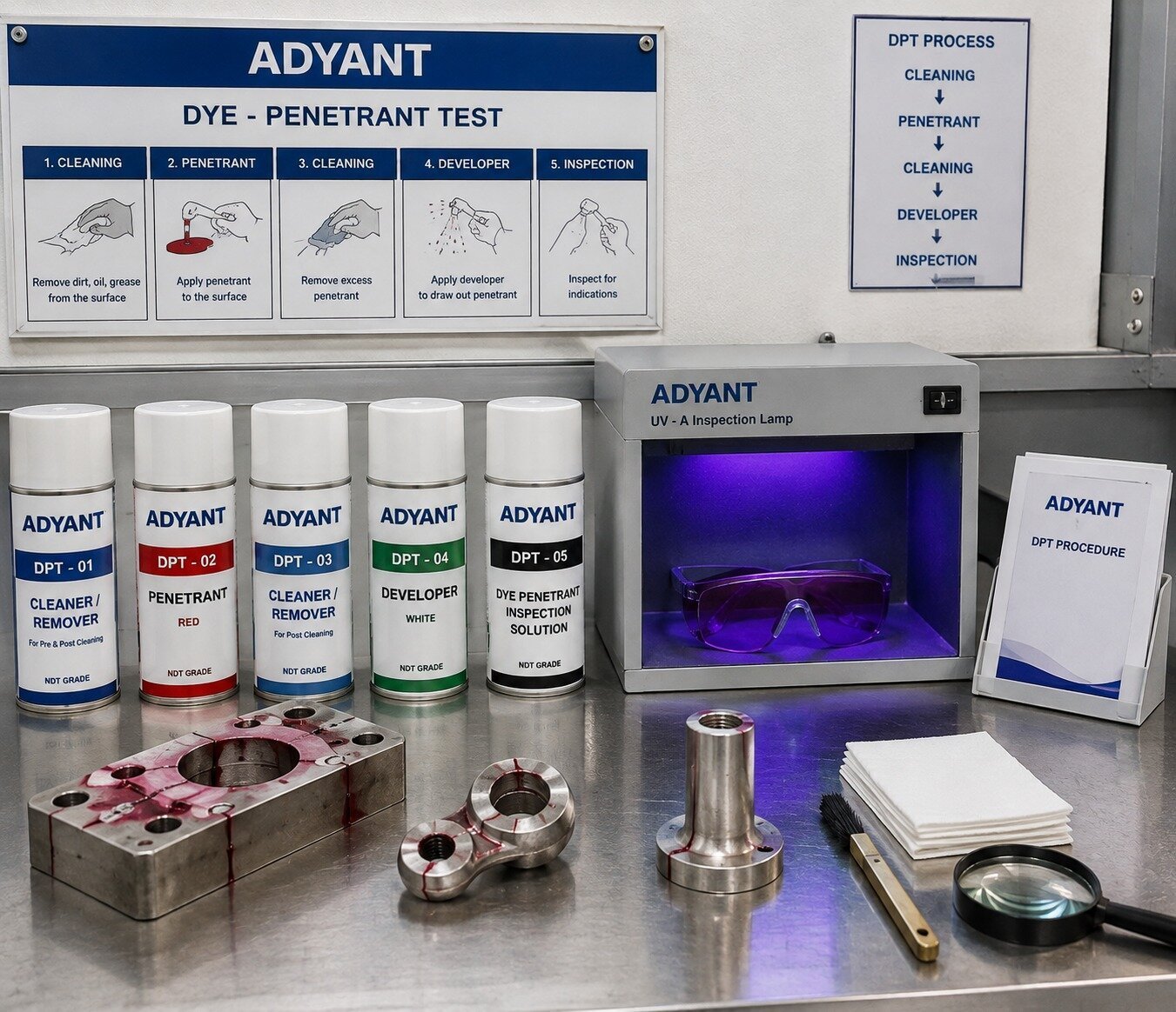 Dye penetrant testing station used for pharma-grade component inspection