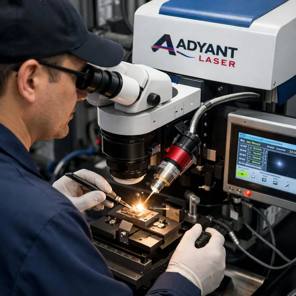 Precision laser welding close-up on sheet metal at Adyant Laser