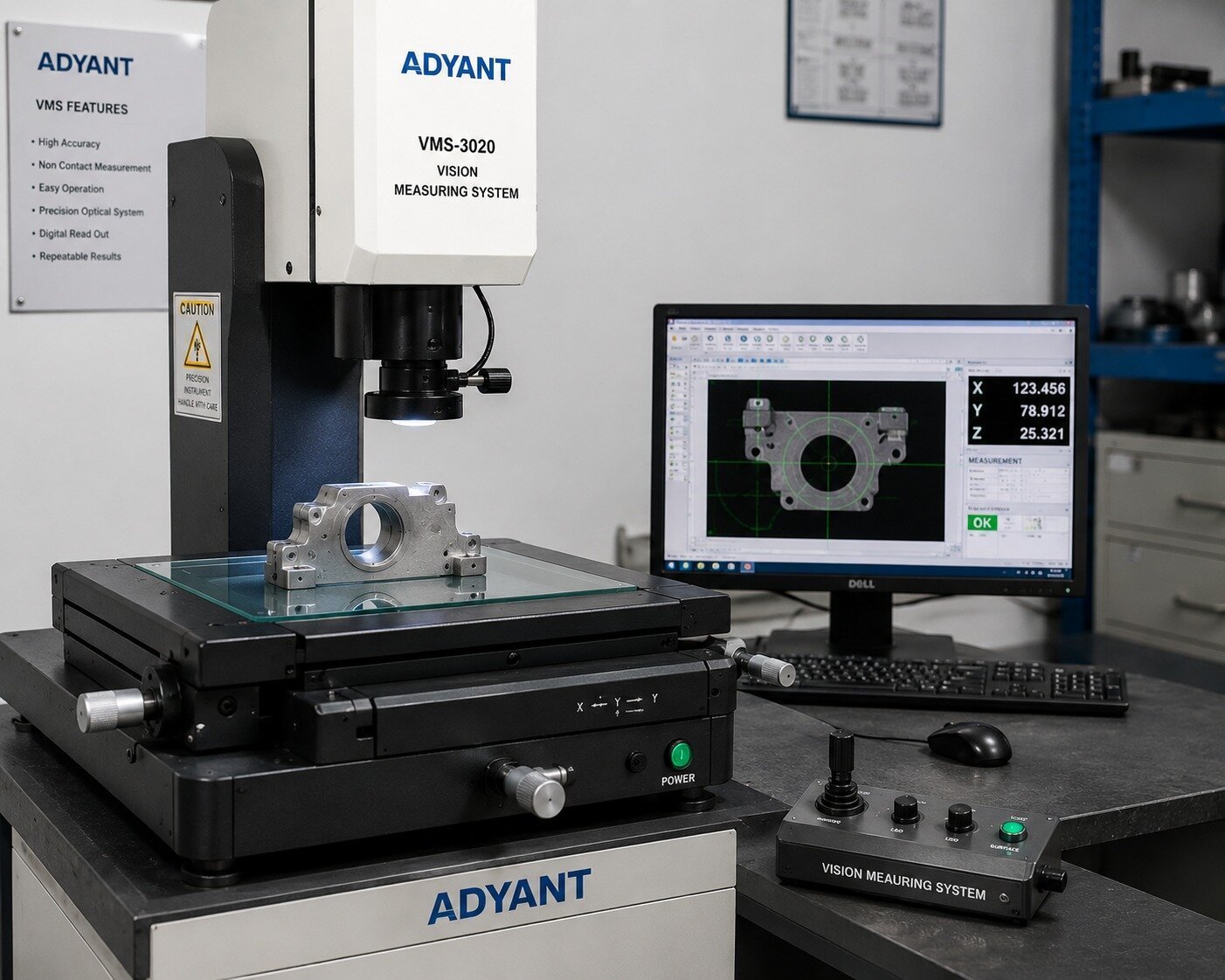 Adyant Laser vision measuring system checking a machined component to sub-millimetre accuracy
